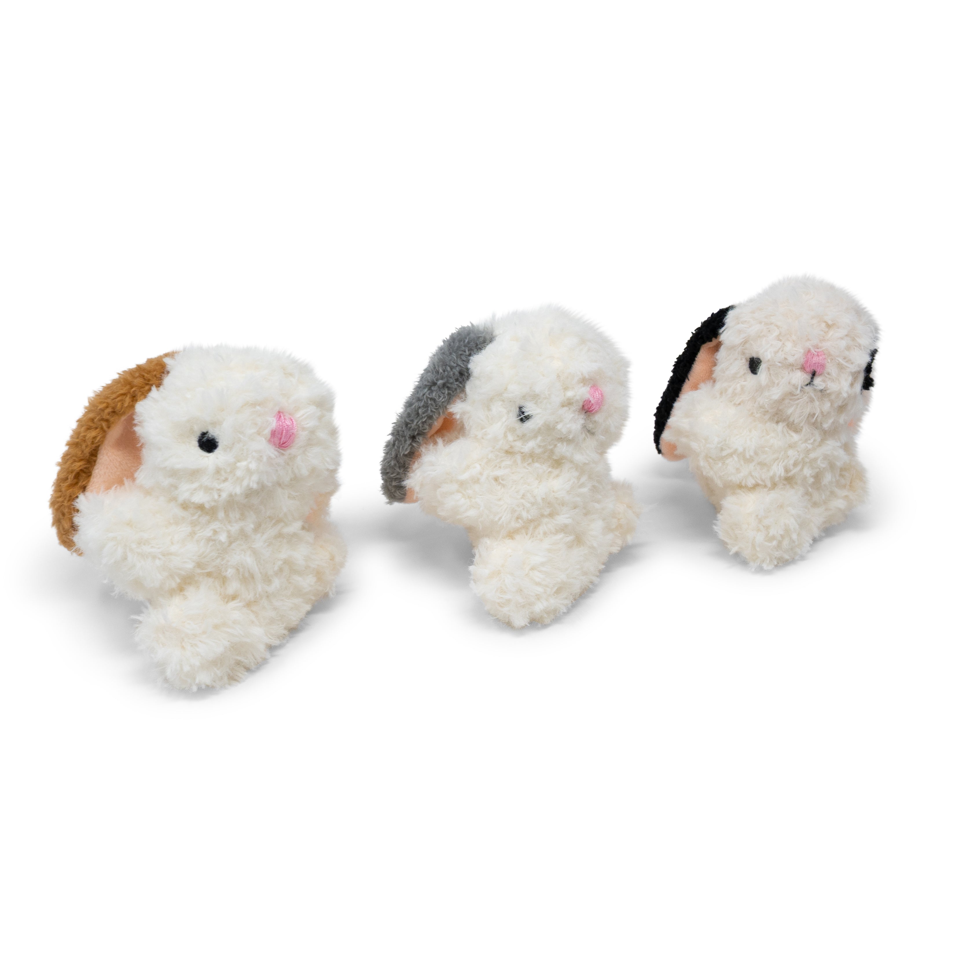 Three small plush bunnies on a white background