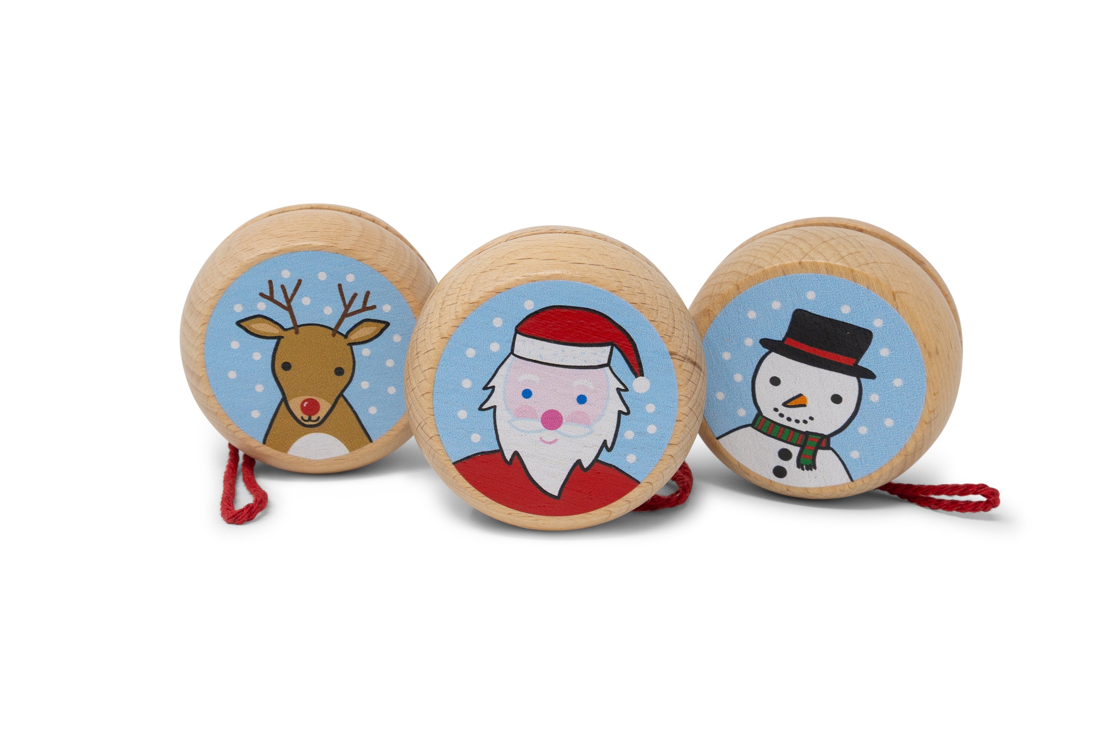 Three round wooden Christmas yo-yos with printed holiday illustrations of a reindeer, Santa Claus, and a snowman on a white background.