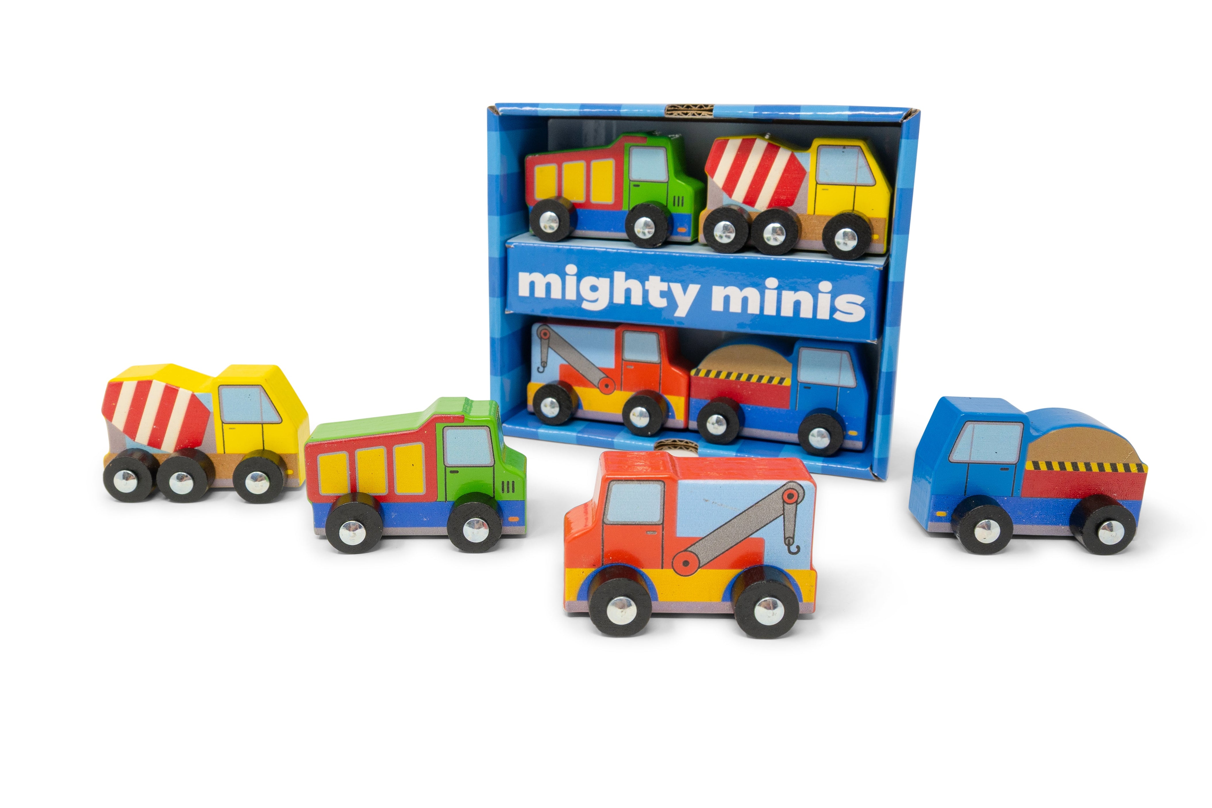 Set of colorful toy construction vehicles in front of their packaging labeled 'mighty minis' on a white background.