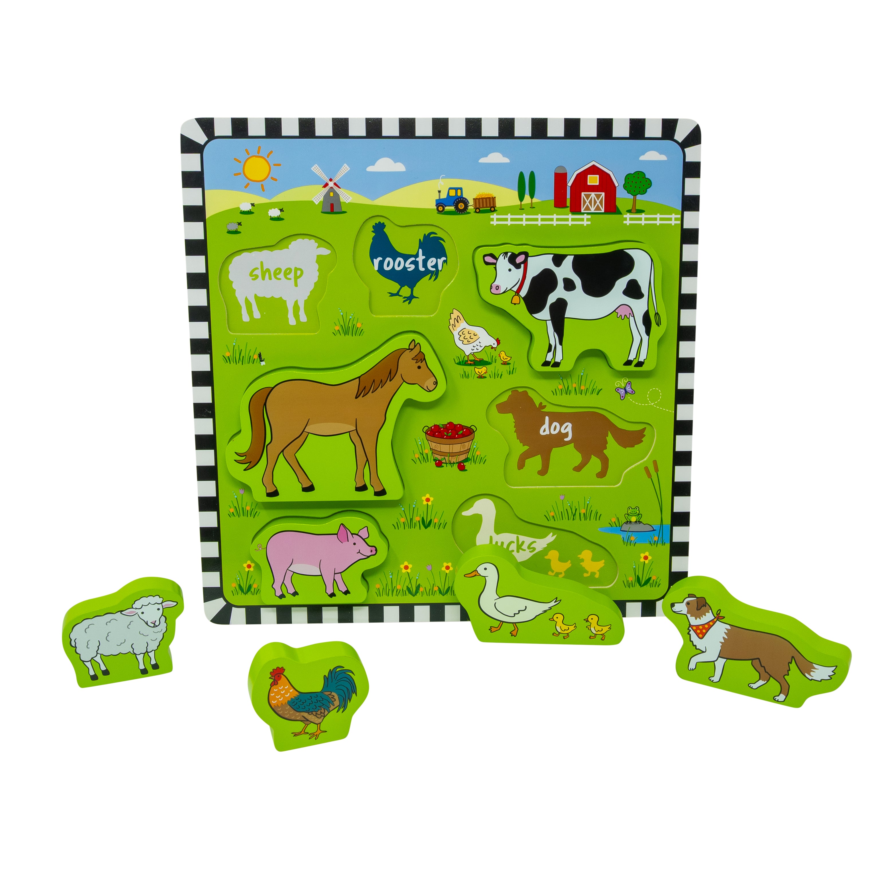 Farm animal puzzle with wooden pieces on a colorful background